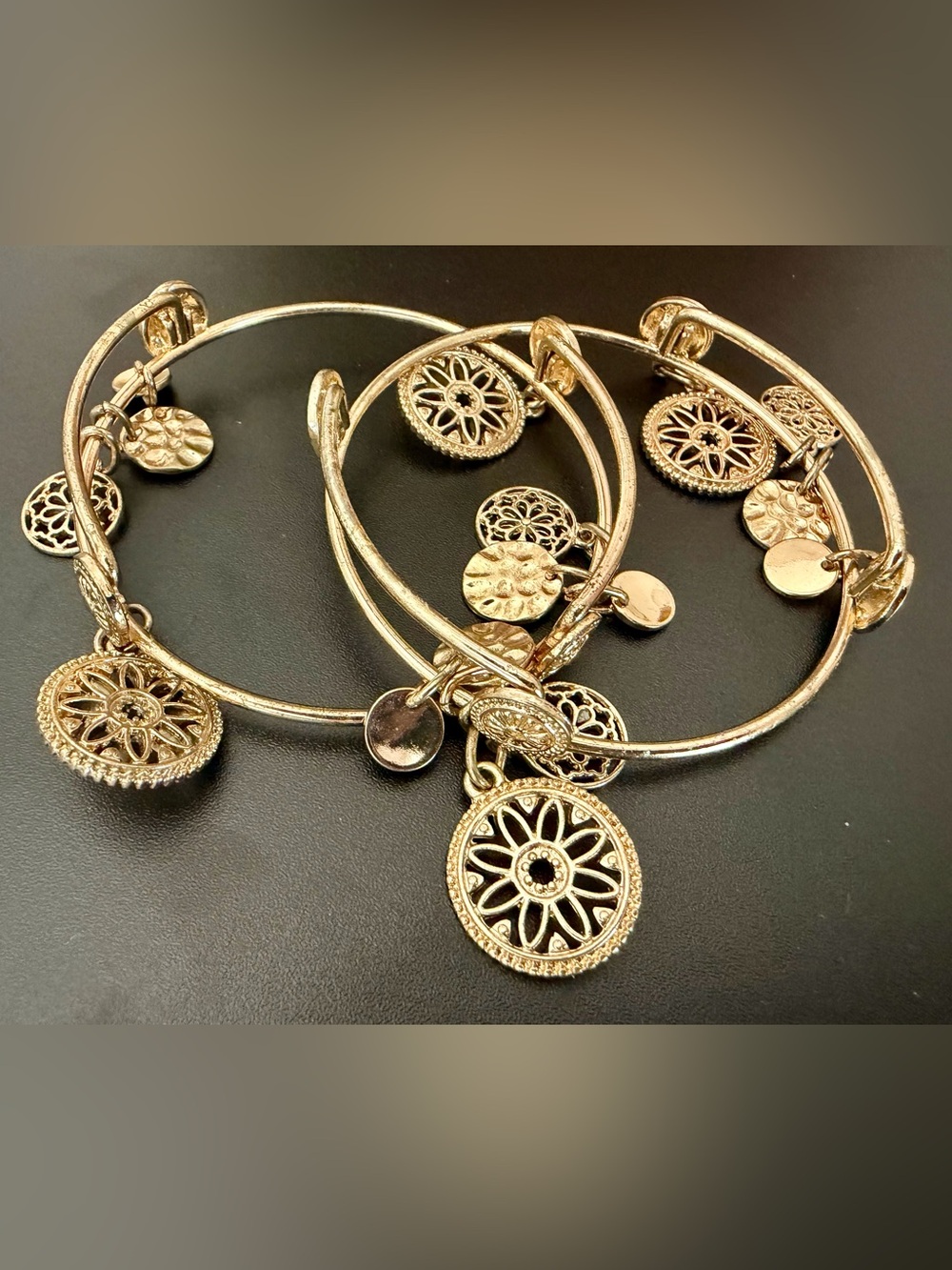 2 GOLD-TONE WIRE CHARM BANGLE BRACELETS